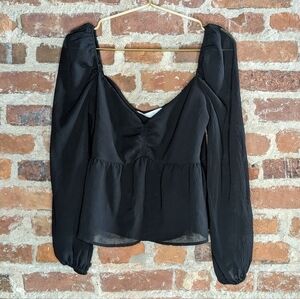 Astr Medium Black Off the Shoulder Heart Neckline Cropped Long Sleeve Ruffle Top